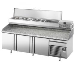 Pizzawerkbank PREMIUM PLUS - 2305x800mm - met granieten werkblad - met 3 deuren & 1 laden - incl. opzetkoelvitrine - 10x GN 1/3