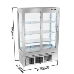 Vitrine réfrigérée 4 faces vitrées / Vitrine panoramique – 855 litres – 1320 mm – 3 étagères – Argent