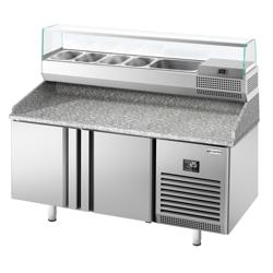 Pizzawerkbank PREMIUM PLUS - 1490x700mm - met granieten werkblad - met 2 deuren - incl. glasvitrine - 6x GN 1/4