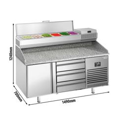 طاولة تحضير بيتزا مبردة PREMIUM PLUS - 1490x700 mm - مع باب واحد - سطح عمل جرانيت - شامل وحدة تبريد علوية - 6x GN 1/4
