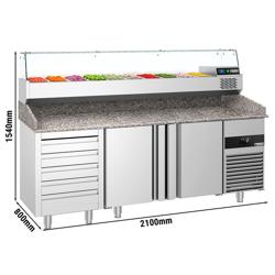 Mesa pizzera refrigerada PREMIUM - 2100x800mm - encimera de granito - con 2 puertas ciegas y 5 cajones - incl. vitrina refrigerada superior - 10x GN 1/3