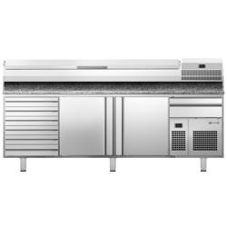 Pizzawerkbank PREMIUM PLUS - 2305x800mm - granieten werkblad - met 2 deuren & 7 laden - incl. koelopzetvitrine - 11x GN 1/4