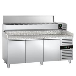 Mesa pizzera refrigerada PREMIUM - 2000x800mm - encimera de granito - con 3 puertas ciegas - incl. vitrina refrigerada superior LED - 9x GN 1/3