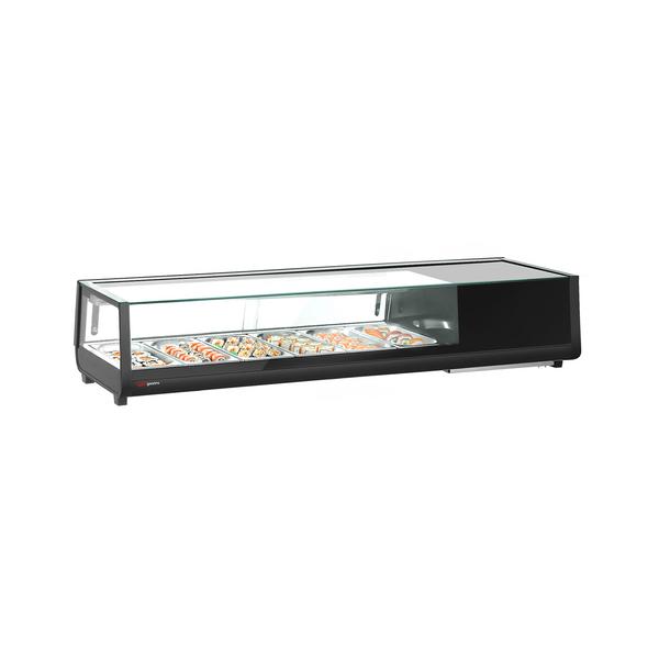 Gekoelde sushivitrine - met LED-verlichting - 1529x420mm - 6x GN 1/3 - met glasopbouw - Zwart