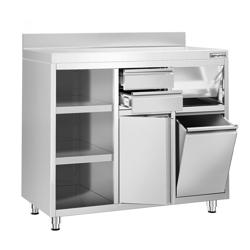 Tavolo armadiato in acciaio inox - 1292x600mm - con 1 porta a battente, 2 cassetti a sinistra - con alzatina