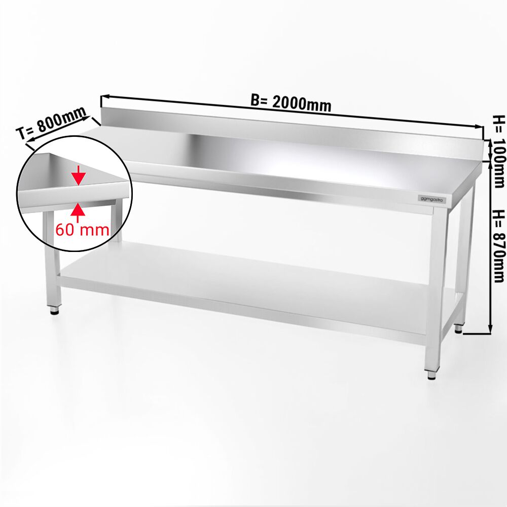 Radni stol od nehrđajućeg čelika PREMIUM - 2000x800 mm - Sa podnom pločom & poleđinom