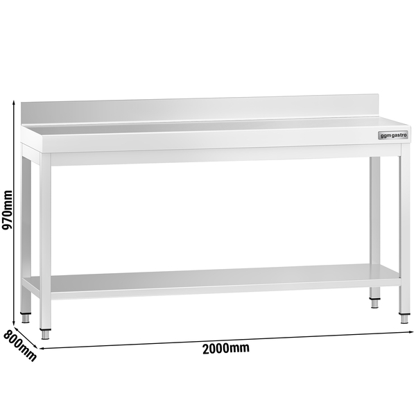 Stół  roboczy ze stali nierdzewnej PREMIUM - 2000x800 mm - z półką dolną i panelem tylnym