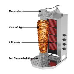 Máquina de Kebab elétrica - 4 queimadores - de bancada - motor superior - máx. 60kg - incl. 2 portas articuladas para kebab