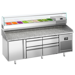 Pizza hazırlık tezgahı Premium PLUS - 1980x700mm - 1 kapılı ve 4 çekmeceli - soğutmalı vitrin dahil - 9x GN 1/4