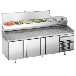Pizzawerkbank PREMIUM PLUS - 2305x800mm - granieten werkblad - met 3 deuren - incl. koelopzetvitrine - 11x GN 1/4