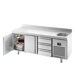 Koelwerkbank Premium PLUS - 1960x600mm - met 1 spoelbak, 2 deuren, 3 laden & achterwand