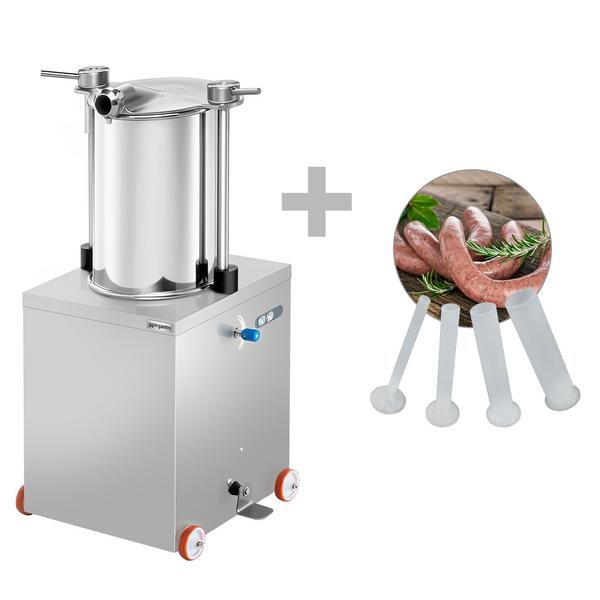 Poussoir à saucisses PROFESSIONNEL hydraulique vertical - 50L - 560W - Acier inoxydable - incl. 4 entonnoirs à saucisse