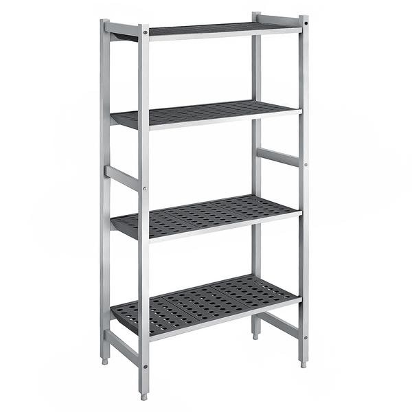 Aluminium/kunststof stelling - 660x1800mm - Diepte: 360mm - met 4 schappen (in hoogte verstelbaar) - Draagvermogen totaal: 900kg