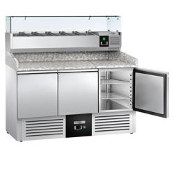 Pizzawerkbank PREMIUM - 1400x700mm - met granieten werkblad - met 3 deuren - incl. glasvitrine - 6x GN 1/4