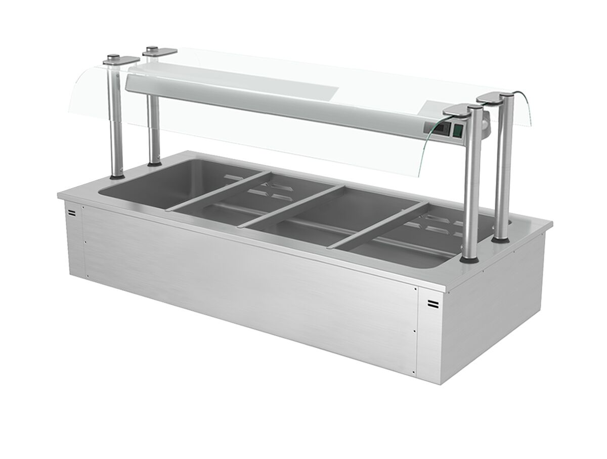 Встраиваемая Водяная Баня (Bain-marie) 1,5 м - 4x GN 1/1 - со Стеклянной Панелью для защиты от брызг