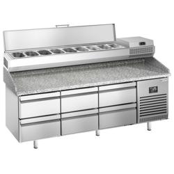 Banco pizza refrigerato PREMIUM PLUS - 1980x700mm - con 6 cassetti - piano in granito - con vetrina ingredienti refrigerata superiore - 9x GN 1/4