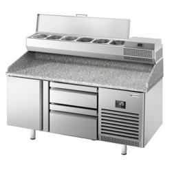 Pizzawerkbank PREMIUM PLUS - 1490x700mm - met granieten werkblad - met 1 deur & 2 laden - incl. opzetkoelvitrine - 6x GN 1/4