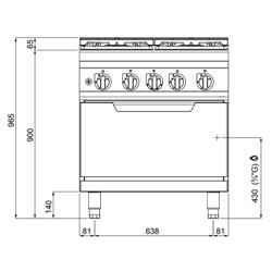 Gasfornuis - Lorenzo 900 - 800x900mm - 34,5 kW - 4 pits - incl. gas statische oven - 7,8 kW
