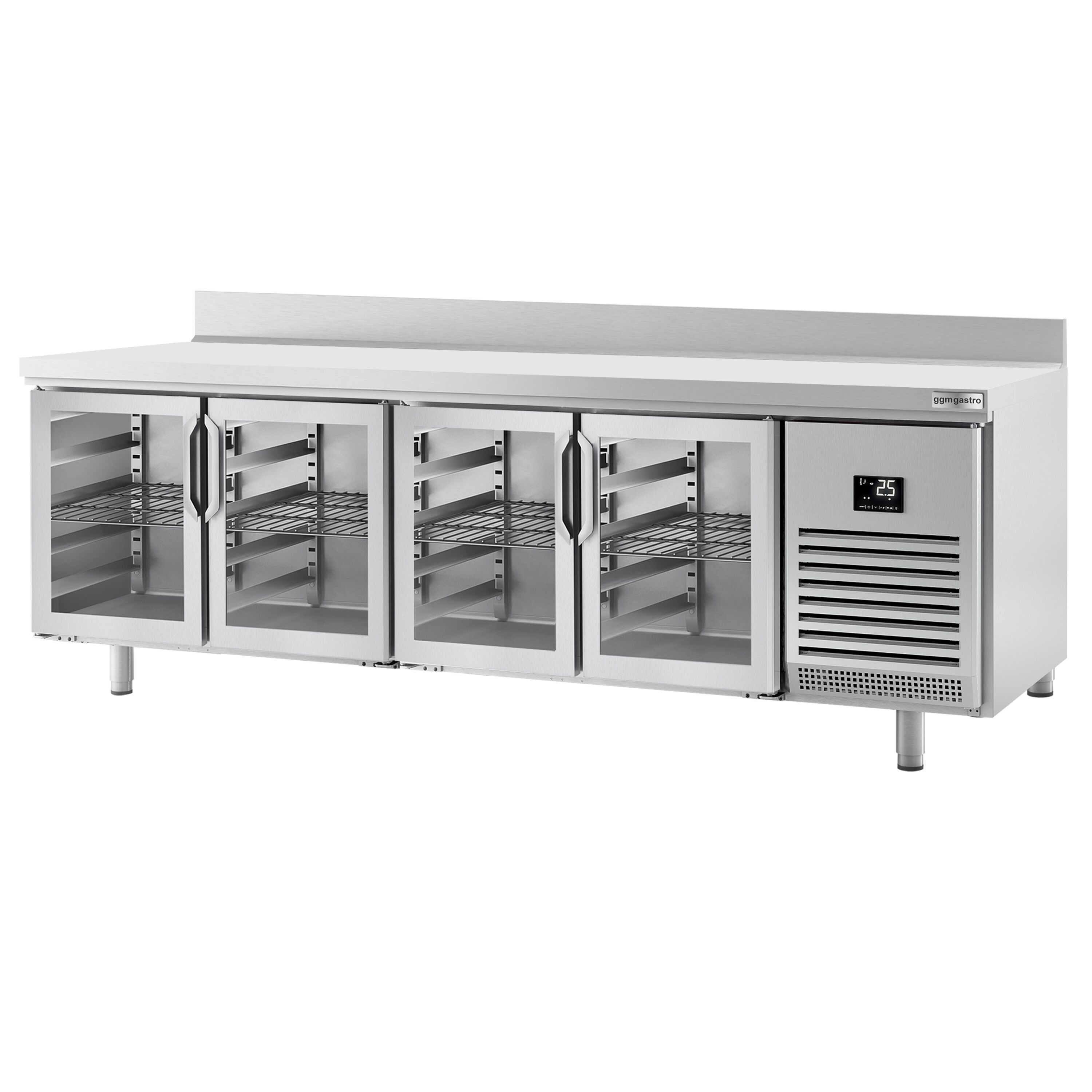 Table réfrigérée Premium PLUS - 2452x600 mm - avec 4 portes vitrées - avec dosseret