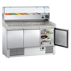 Pizzawerkbank ECO - 1400x700mm - met granieten werkblad - met 3 deuren - incl. glasvitrine - 6x GN 1/4