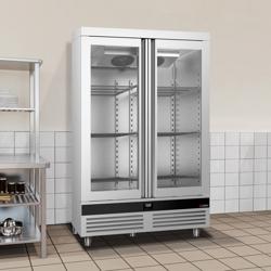Koelkast met glasdeur RVS PREMIUM - 1400mm - 1200liter - tot +8°C - met 2 glasdeuren - geforceerde koeling, LED‑verlichting & legroosters