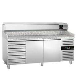 Pizzawerkbank PREMIUM - 2025x800mm - met granieten werkblad - met 2 deuren & 7 laden - incl. glasvitrine LED - 10x GN 1/4