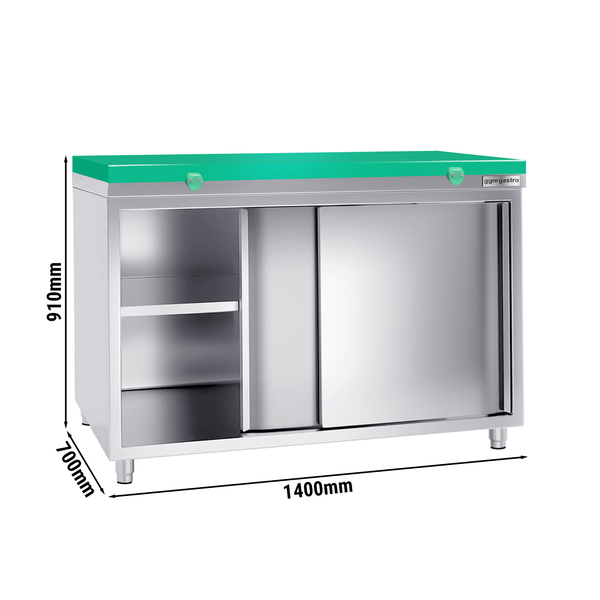 Dulap de lucru din oțel inoxidabil PREMIUM - 1,4 m - cu ușă glisantă - incl. blat de lucru verde