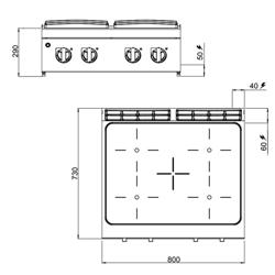 Cucina in vetroceramica professionale - PAOLO 700 - 800x730x290mm - 12,8 kW - 4 piastre - da banco