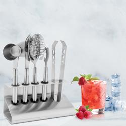 Juego de coctelera - incl. Soporte de acero inoxidable, Jigger 20/40ml, Colador, Pinzas para hielo, Cuchillo de bar, Abrebotellas
