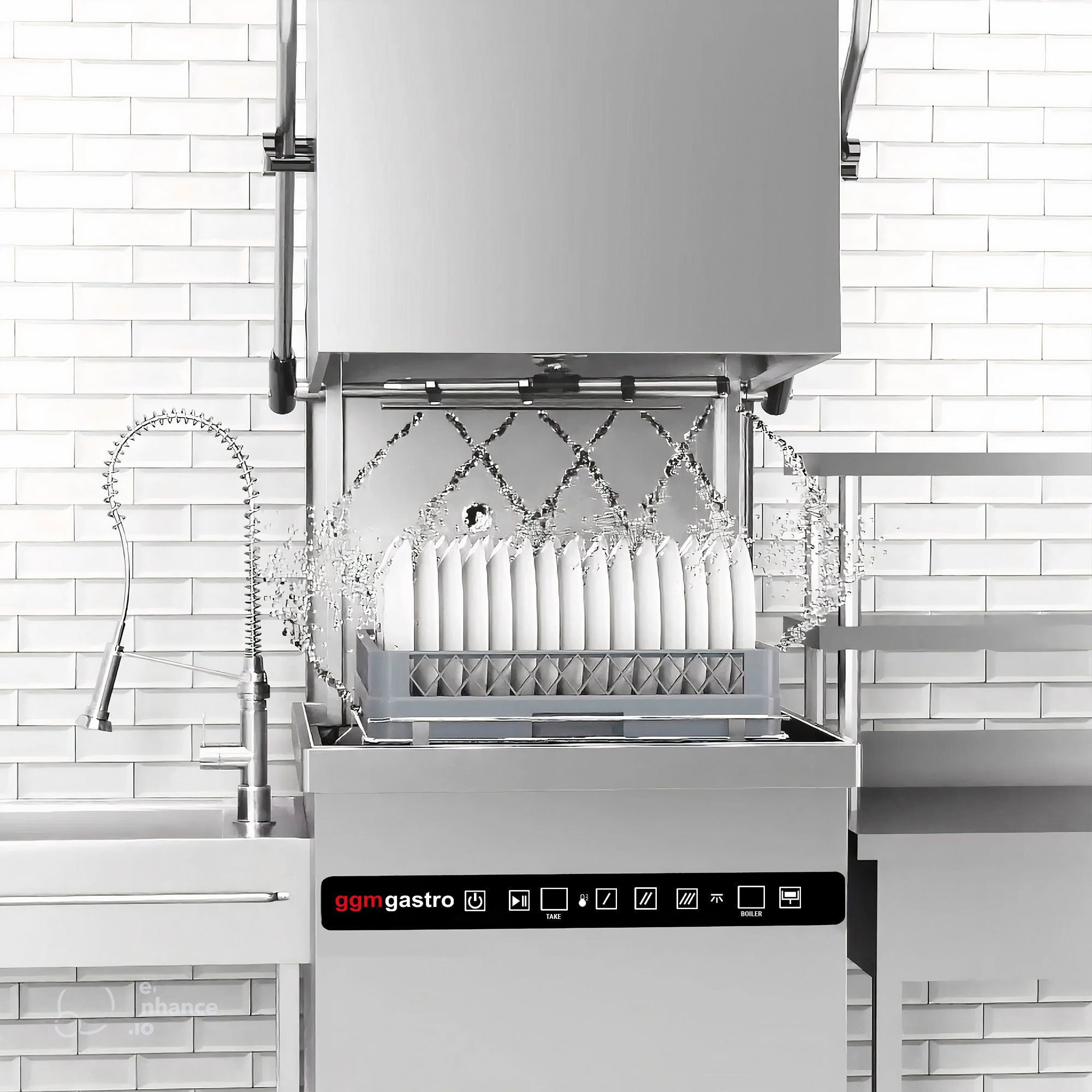 Lave-vaisselle à capot – Numérique – 8,7 kW – avec récupération de chaleur, pompe de détergent, de rinçage et de vidange