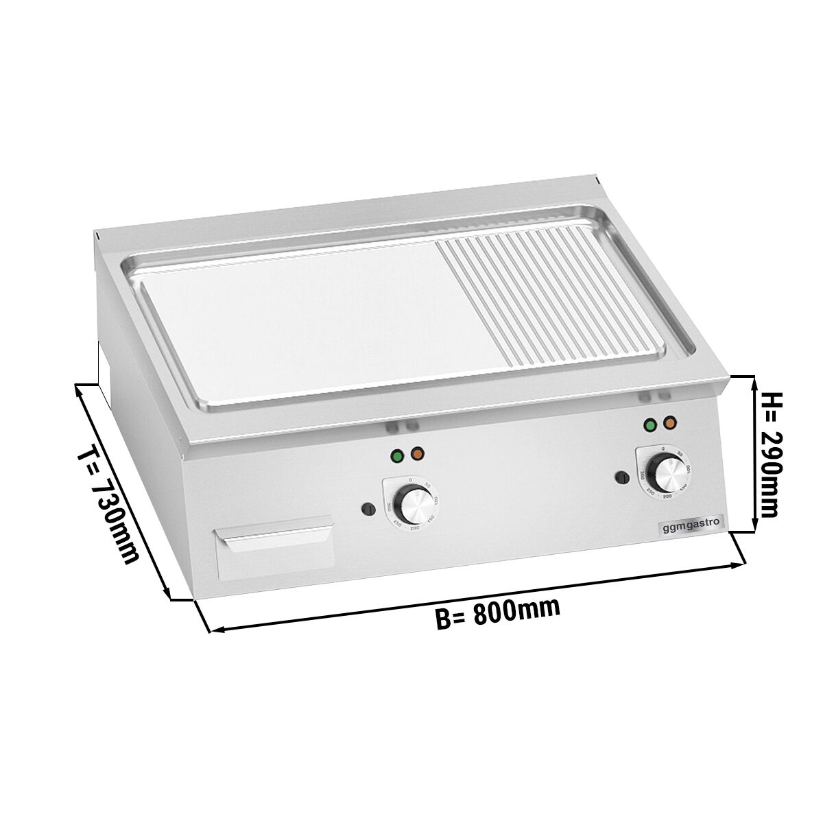 Plancha électrique - plaque acier - 2 zones - 9,6 kW - 1/2 lisse, 1/2 rainurée - Surface de cuisson : 800x700mm - plaque 2mm