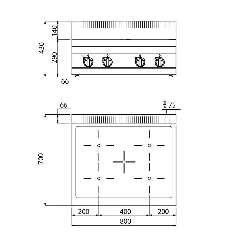 Réchaud vitrocéramique à poser - 12,8kW - 4 foyers infrarouges