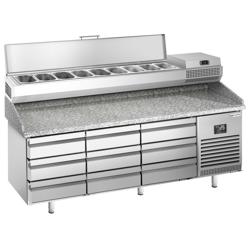 Pizzakylbänk Premium PLUS – 1980x700 mm – med 9 lådor – inkl. kyltopp-vitrin – plats för 9x GN 1/4