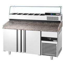 Pizzawerkbank PREMIUM - 1550x800mm - met granieten werkblad - met 2 deuren - incl. opzetkoelvitrine - 6x GN 1/3