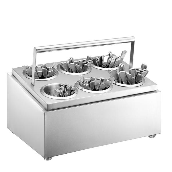 Stalak za pribor za jelo - s 6 košarica - uklj. 6 posuda pribora za jelo - 385x305 mm - Visina: 200 mm - s drškom za nošenje - nehrđajući čelik (inox)