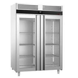 Armario congelador puertas de cristal de acero inoxidable PREMIUM - GN 2/1 - 1400L - con 2 puertas de cristal y 6 racks de almacenamiento GN 2/1 - ventilado; R290; desescarche automático; cerradura con llave