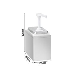 Kastikeannostelija - Ruostumaton teräs AISI 304; säiliö: Muovi (PP) - 1 pumppu - 2,0 l - 135x215x325 mm - einstellbarer Dosierung - säiliöllä - sis. teräskehikon