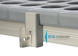 (2 ks) Spony (montážní) - Hliník, eloxovaný - 53x58x33 mm - vhodné pro regálové systémy SILAS 360 a 460 mm