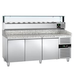 Commercial Refrigerated Pizza Prep Counter PREMIUM - 2000x800 - 3 Doors - Top Display Rail LED - 10x GN 1/4