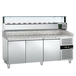 Commercial Refrigerated Pizza Prep Counter PREMIUM - 2000x800 - 3 Doors - Top Display Rail LED - 10x GN 1/4