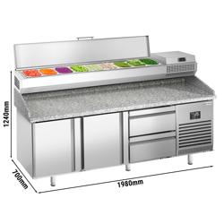 Pizzawerkbank PREMIUM PLUS - 1980x700mm - met granieten werkblad - met 2 deuren & 2 laden - incl. opzetkoelvitrine - 9x GN 1/4