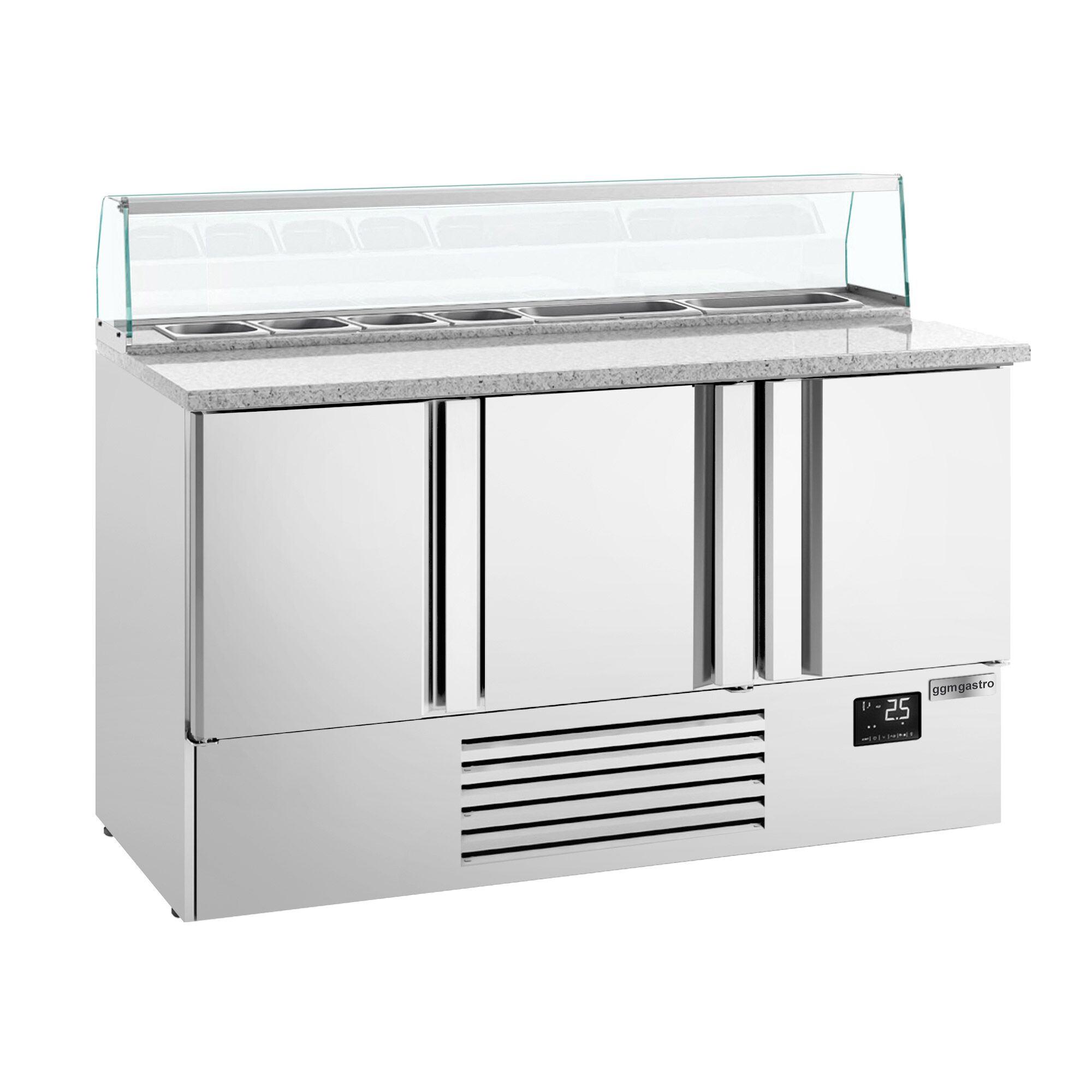 Saladette réfrigérée PREMIUM PLUS - 1460mm - 355L - 3 portes - avec vitrine de comptoir pour 8x GN 1/6 - plan de travail en granit noir