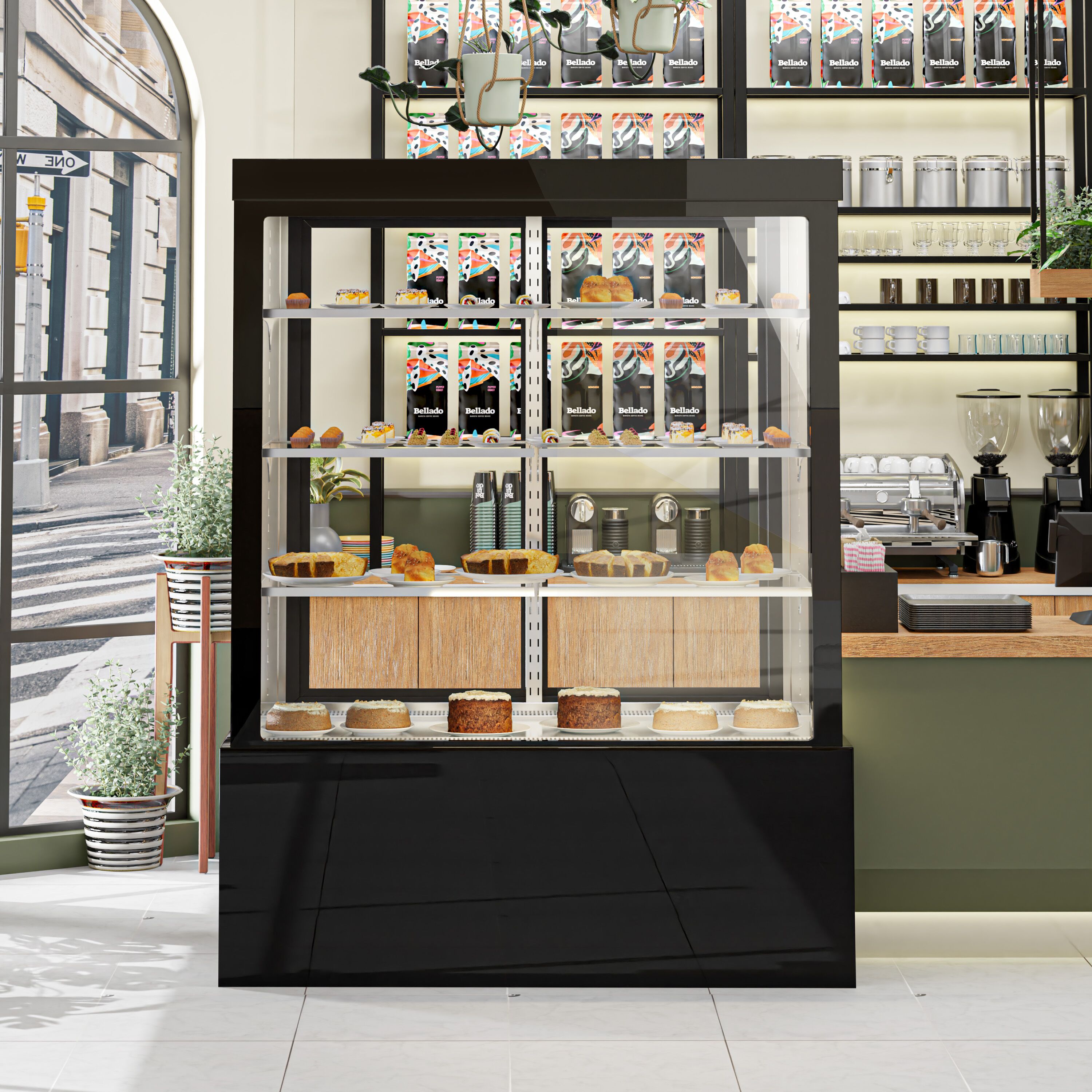 Vitrine de comptoir réfrigérée - 1400L - 1500mm - Double vitrage - avec 3 étagères - portes coulissantes vitrées arrière - Noir