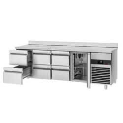 Hűtött munkaasztal PREMIUM - 2330x700 mm - GN 1/1 - 632 liter - ventilációs - 1 ajtóval - 6 fiókkal - felhajtással