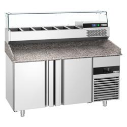 Pizzawerkbank PREMIUM - 1550x800mm - met granieten werkblad - met 2 deuren - incl. opzetkoelvitrine - 6x GN 1/3
