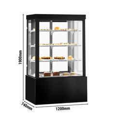 Vetrina pasticceria refrigerata - 950l - 1200mm - Doppio vetro - con 3 ripiani - porte posteriori scorrevoli; LED interni; 4 lati vetro - Nero