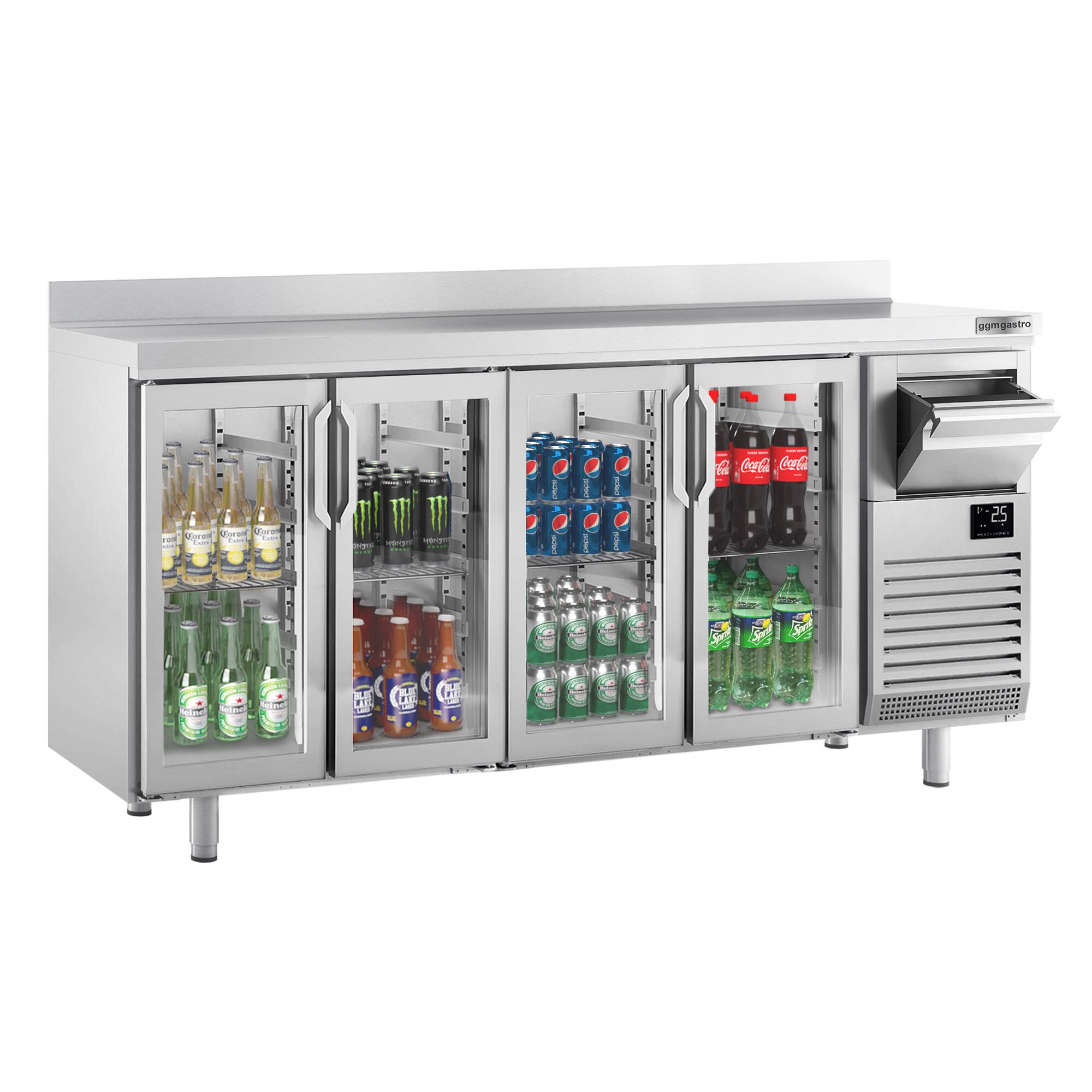 Commercial Back Bar Bottle Cooler PREMIUM PLUS - 2452x600x1150mm - with 4 Hinged Glass Doors, upstand & knock box for coffee - 690L
