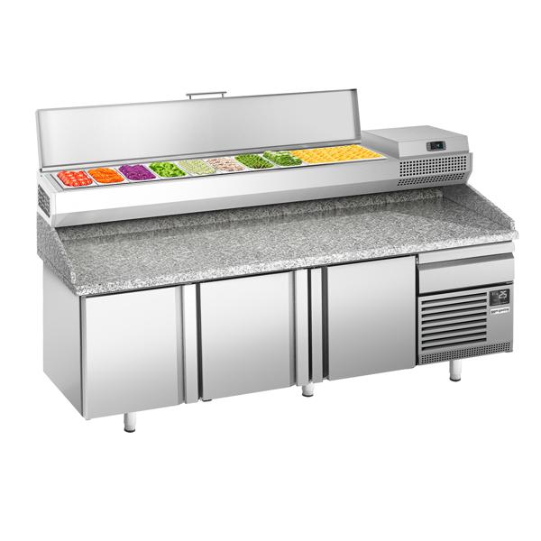 Pizzawerkbank PREMIUM PLUS - 2305x800mm - met granieten werkblad - met 3 deuren & 1 laden - incl. opzetkoelvitrine - 10x GN 1/3