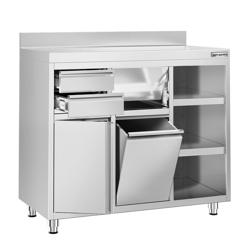 Ερμάριο από ανοξείδωτο ατσάλι PREMIUM - 1200x600 mm - με 2 συρτάρια δεξιά, 1 ανοιγόμενη πόρτα αριστερά, με κάδο απορριμμάτων - με πλάτη