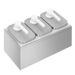 Sausdispenser - RVS (frame) & polypropyleen bakken - 3-delig (3 bakken, 3 pompen, frame) - 3x2L - 375x215x325mm - instelbare dosering - met bak - incl. RVS frame